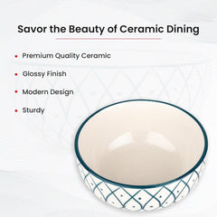 Kuber Industries Ceramic Food Bowl Set | Chini Mitti Bowl | Microwave, Dishwasher Safe Ceramic Bowl | Green Box Print - White