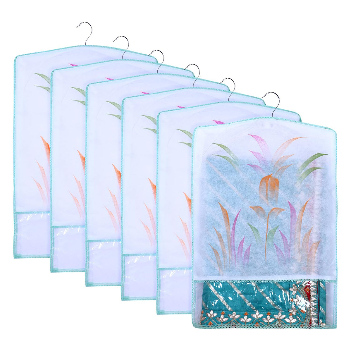 Heart Home Hanging Saree Cover | Brush Painting Pattern Saree Cover | Non-Woven Saree Covers for Home | Saree Cover with Small Transparent view | Pack of 6 | Green