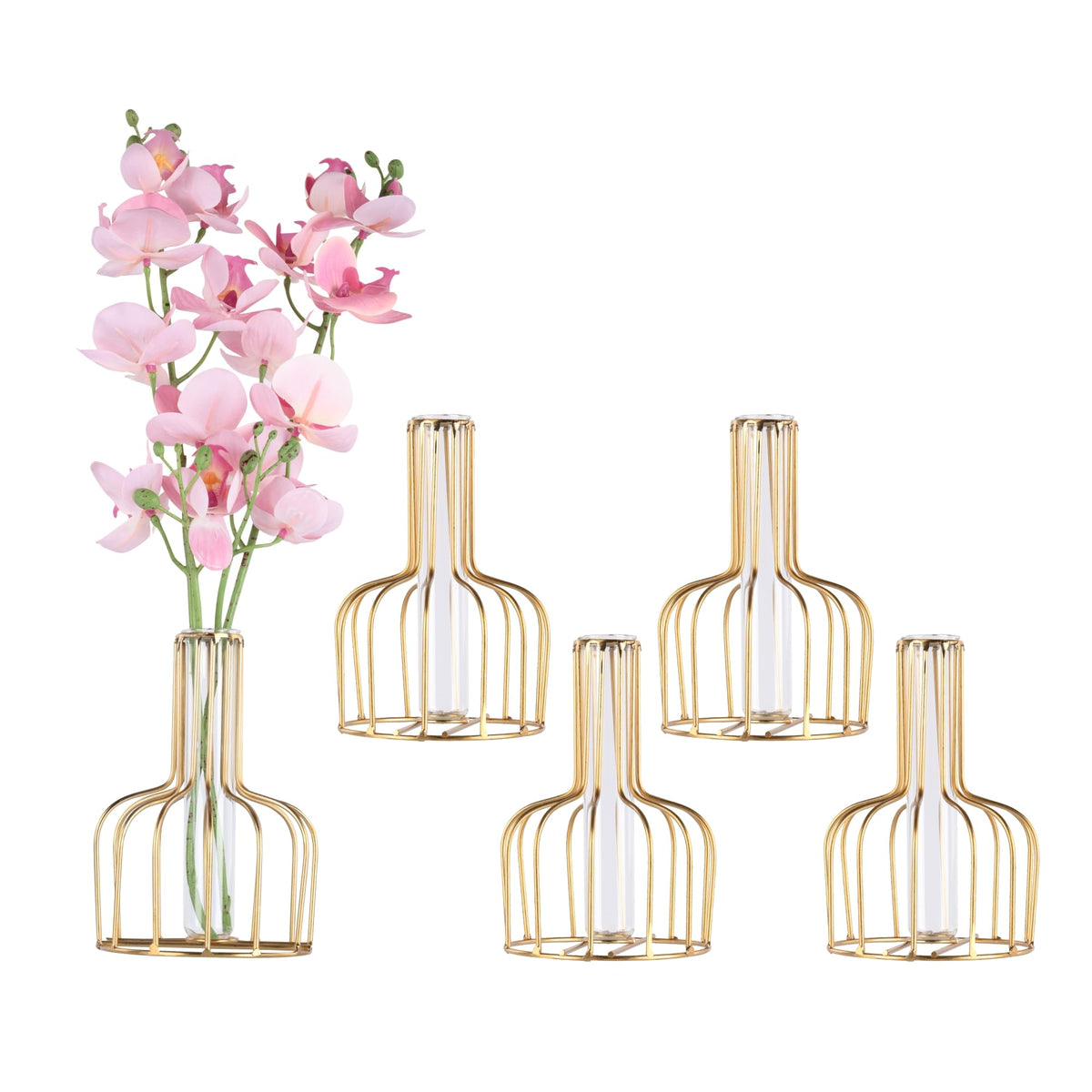 Kuber Industries (Set of 5) Metal Flower Vase Stand for Living Room Corner - Show Pieces for Dining Table - Comes with Glass Test Tube for Plants (Gold)