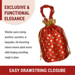 Heart Home Potli|Round Wedding Potli|Silk Drawstring Potli|Wallet Potli with Handle|Christmas Gift Potli|Baby Shower Potli|Traditional Shagun Potli|Golden Dot-Potli|Pack of 2|Red