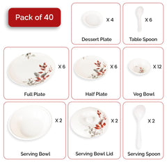 Kuber Industries 40 Pieces Round Melamine Microwave & Dishwasher Safe Dinnerware Kitchen Crockery Set | Glossy Dinner Sets & Kitchen Set for Home | Deluxe Red Gray Floral - White