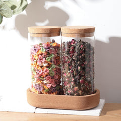 Kuber Industries Borosilicate Jars with Cork Lids & Cork Tray for Kitchen| 700ml | Airtight Glass Containers with lid | Kitchen Organization Items & Storage | Multipurpose | Transparent | Pack of 2