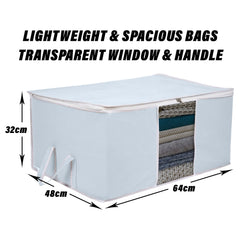 Heart Home Underbed Storage Bag | Clothes Storage Organizer | Blanket Cover with Clear Window | Zipper Closure & Handle Cloth Organizer | Plain White Border | Large | Pack of 3 | Gray