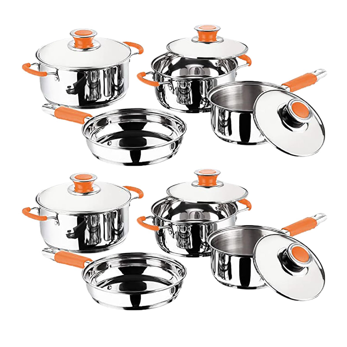 Kuber Industries Set of 4 Stainless Steel Cookware Set I Induction Base Cookware I Saucepan (1.4 L), Kadai (2.0 L), Casserole (2.5 L), Frypan (1 L) and 3 Lids I Heavy Gauge Steel (Pack of 2)