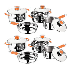 Kuber Industries Set of 4 Stainless Steel Cookware Set I Induction Base Cookware I Saucepan (1.4 L), Kadai (2.0 L), Casserole (2.5 L), Frypan (1 L) and 3 Lids I Heavy Gauge Steel (Pack of 2)