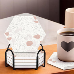 Kuber Industries 36 Pcs Diatomite Tea Coaster with Holder - Water Absorbent Hexagonal Tea Cup & Water Glass Cover Top Lid for Teapoy- Cream