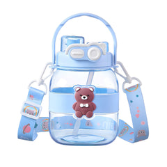 Kuber Industries Polycarbonate Pack Of 3 Kids Water Bottle With Straw |Cute Teddy Bear Sipper Water Bottle For Kids Boys Girls| Water Bottle With Locking Flip Lid | 1000 Ml | Blue | Syz-7728C