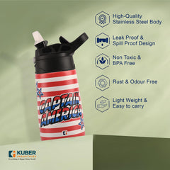Kuber Industries 350 ml Insulated Water Bottle | Captain America Kids Water Bottle | Stainless Steel Kids Water Bottle | Water Bottle with Push-Button Flip Lid | Bottle For School | Red | Pack of 2