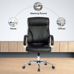 Kuber Industries Ergonomic Leather Office Chairs for Work From Home | Comes with Manual Height Adjustable, Armrest, Headrest & Lumbar Support | Comfy Study Chair for Students with Wheels | Black