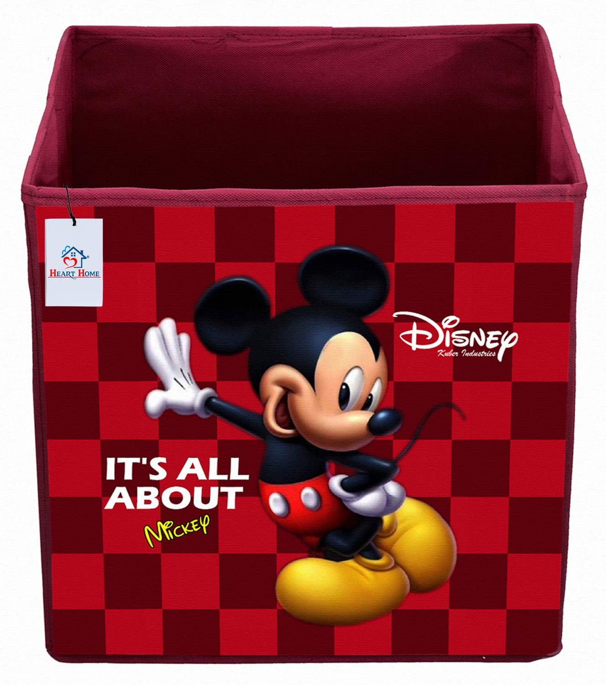 Heart Home Disney Mickey Mouse Print Non Woven Fabric Foldable Large Size Cloth Storage Box Toy, Books Wardrobe Organiser Cube with Handle (Maroon)-HEART10779