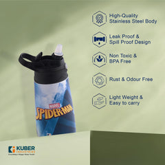 Kuber Industries 350 ml Insulated Water Bottle |Spiderman Kids Water Bottle | Stainless Steel Kids Water Bottle | Water Bottle with Push-Button Flip Lid | Bottle For School | Red & Blue | Pack of 3
