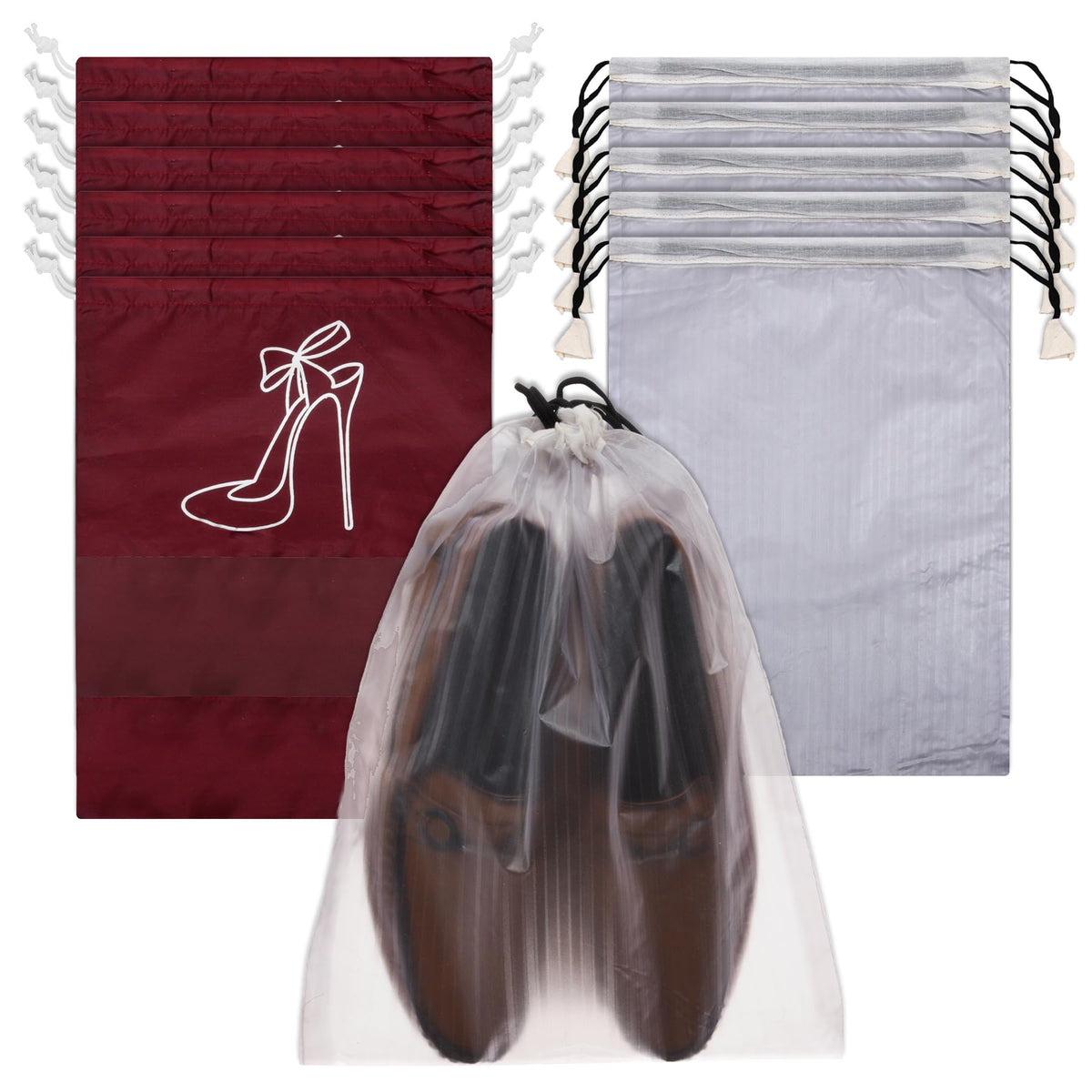 Heart Home Shoe Cover | Travel Shoe Storage Bags | Polyester Storage Bags | Drawstring Shoe Cover | Clear Transparent Shoe Storage Organizer | Pack of 12 | Multi