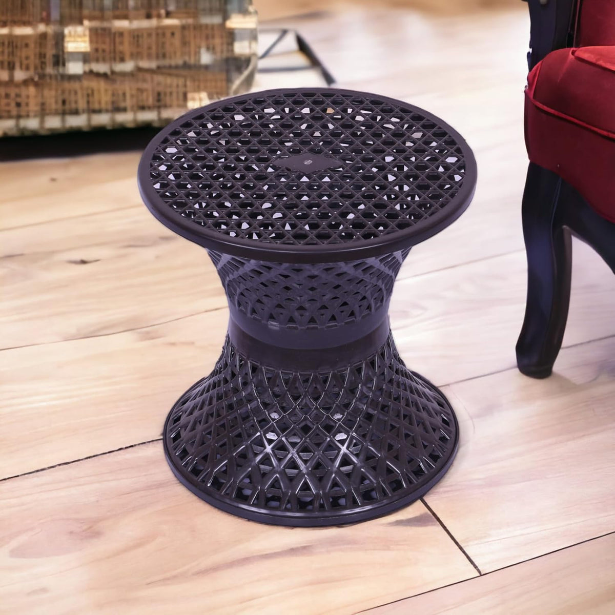 Heart Home Seating Stool | Plastic Mesh Damroo Stool | Both Sided Stool for Guestroom | Damroo Style Stool | Stool for Graden | Stool for Balcony | Brown