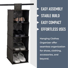 Heart Home Shoe Rack|4 Shelf Foldable Storage Rack|Clothes Hanging Organizer|Shoe Storage Organizer|Closet Organizer with Velcro|Shoe Rack Golden-Dot|Black