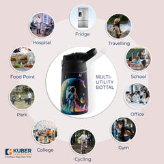 Kuber Industries 350 ml Insulated Water Bottle | Space Kids Water Bottle | Stainless Steel Kids Water Bottle | Water Bottle with Push-Button Flip Lid | Bottle For School | Multicolor | Pack of 6