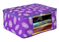Heart Home Leaf Printed Saree Cover/Clothes Organiser For Wardrobe With Transparent Window, Pack of 4 (Purple)