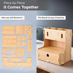 Urbane Home 3 Compartments with One Bottom Drawer Pen Stand for Office | MDF Wood Rack | Aesthetic Stationery Stand for Office Table Accessories | Burlywood | 23.3x17.5x25.5cm
