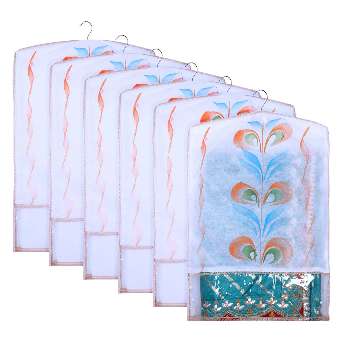 Heart Home Hanging Saree Cover | Brush Painting Pattern Saree Cover | Non-Woven Saree Covers for Home | Saree Cover with Small Transparent view | Pack of 6 | Peach