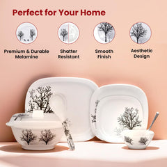 Kuber Industries 31 Pieces Square Unbreakable Microwave & Dishwasher Safe Melamine Dinnerware Kitchen Crockery Set | Glossy Dinner Sets & Kitchen Set for Home | Black Tree - White