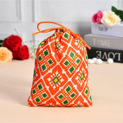 Kuber Industries Potli | Silk Wedding Potli | Drawstring Closure Potli | Wallet Potli | Christmas Gift Potli | Baby Shower Potli | Small-Patola-Print Potli | 5x7 Inch | Pack of 4 | Orange