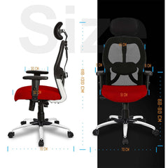 Kuber Industries Ergonomic Office Chairs for Work From Home | Comes with Manual Height Adjustable, Armrest, Headrest & 2D Lumbar Support | Comfy Study Chair for Students with Wheels | Black & Red Seat