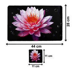 Heart Home Lotus Printed PVC Stain Resistant, Anti-Skid, Waterproof 6 Pcs Placemats with 6 Pcs Tea Coasters Set for Dining Kitchen Restaurant Table, Set of 12 (Black)