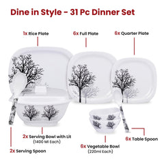 Kuber Industries 31 Pieces Square Unbreakable Microwave & Dishwasher Safe Melamine Dinnerware Kitchen Crockery Set | Glossy Dinner Sets & Kitchen Set for Home | Black Tree - White
