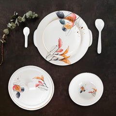 Kuber Industries 32 Pieces Round Melamine Microwave & Dishwasher Safe Dinnerware Kitchen Crockery Set | Glossy Dinner Sets & Kitchen Set for Home | Stylon Vector Floral - White