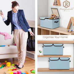 Kuber Industries Double Lid Foldable Storage Box|Toys Storage Bin|Wardrobe Organizer For Clothes|Front Handle & Stackable Pack Of-3 (Blue)