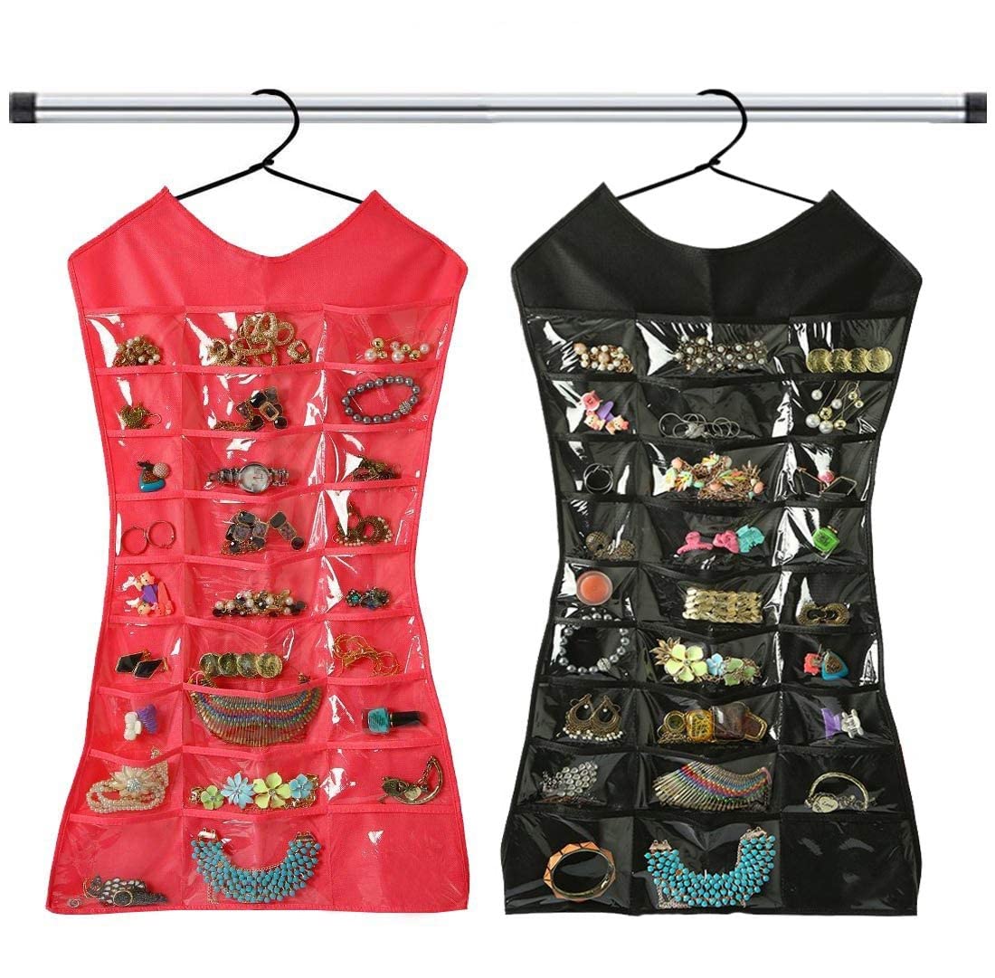 Kuber Industries Fabric 2 Pieces Double Sided Dress Style Hanging Organizer for Jewellery and Makeup Accessories Organizer (Black & Pink) -CTKTC034762