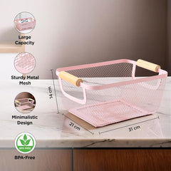 Urbane Home Metal Mesh Basket for storage with wooden handle | 360 gm | Fruit basket for kitchen | Kitchen Organizer | Baskets for organizing home & kitchen | Multipurpose | Pink