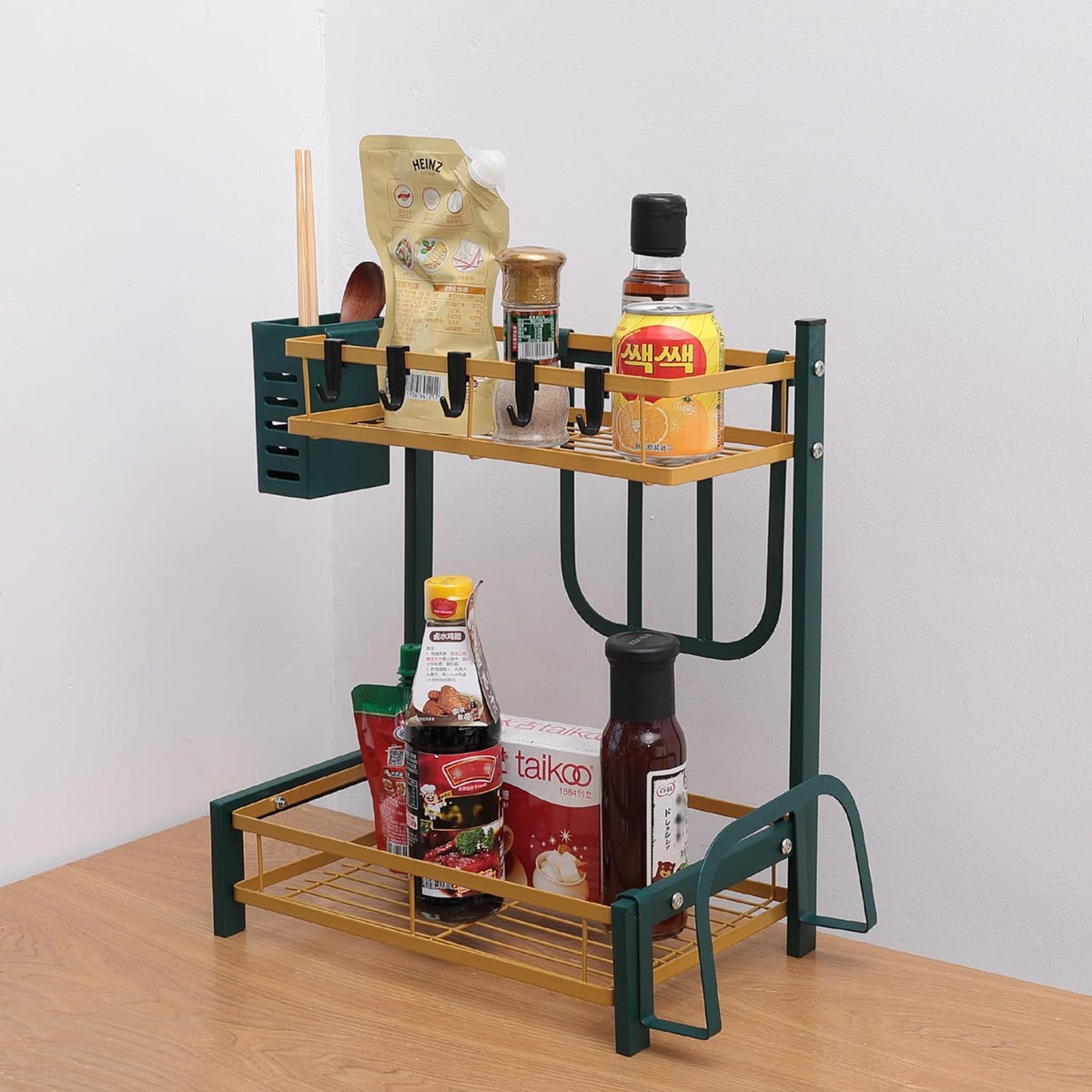 Kuber Industries 2-Layer Dish Drying Rack|Storage Rack for Kitchen Counter|Drainboard & Cutting Board Holder|Premium Utensils Basket (Gold & Green)