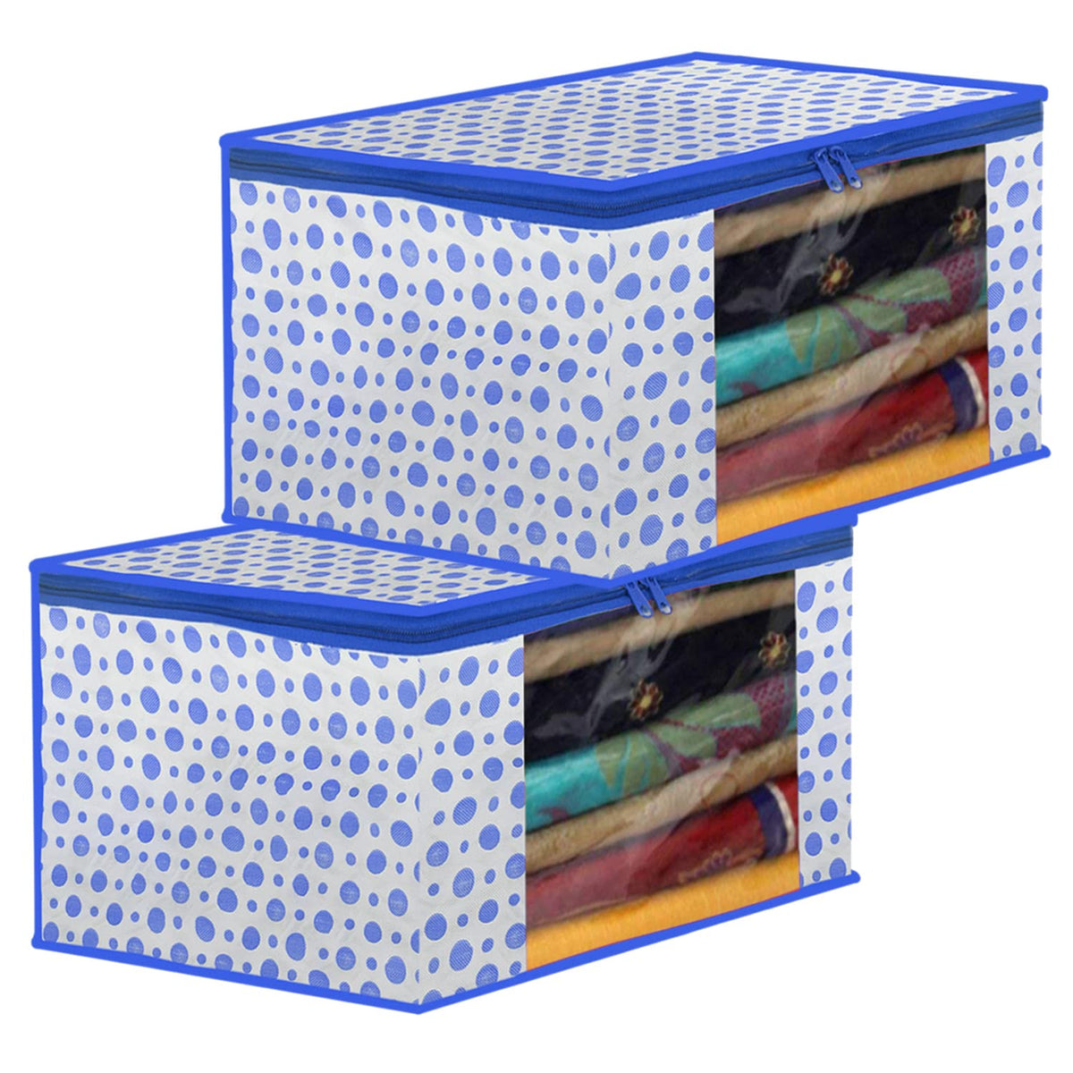 Heart Home Dot Printed Foldable, Lightweight Non-Woven Saree Cover/Organizer With Tranasparent Window- Pack of 2 (Blue)-46HH0491