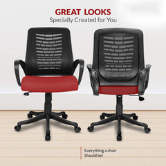 Kuber Industries Ergonomic Revolving Office Chairs for Work From Home | Comes with Manual Height Adjustable, Armrest Support | Comfy Study Chair for Students with Wheels | Black & Red Seat