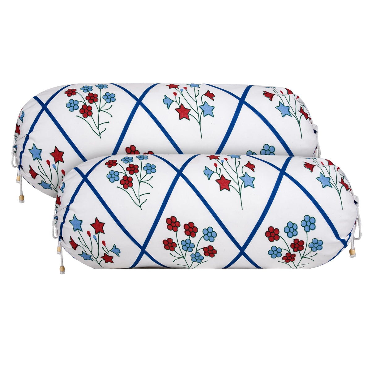 Heart Home Bolster Cover | Cotton Masand Pillow Cover | Diwan Round Bolster Pillow Covers | Bolster Cushion Pillow Cover Set | Roll Masand Cover | Flower Katli | Pack of 2 | White & Blue
