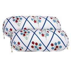 Heart Home Bolster Cover | Cotton Masand Pillow Cover | Diwan Round Bolster Pillow Covers | Bolster Cushion Pillow Cover Set | Roll Masand Cover | Flower Katli | Pack of 2 | White & Blue