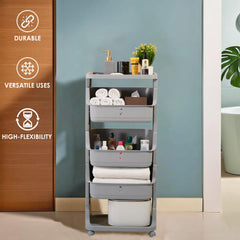Kuber Industries Pack of 5 Adjustable Storage 3 Tier Shelf | Rolling Shelf | Multipurpose | Book, Kitchen, Laundry Storage Rack| MC2018-37 | Grey