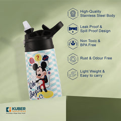 Kuber Industries 350 ml Insulated Water Bottle | Mickey Kids Water Bottle | Stainless Steel Kids Water Bottle | Water Bottle with Push-Button Flip Lid | Bottle For School | Sky Blue | Pack of 2
