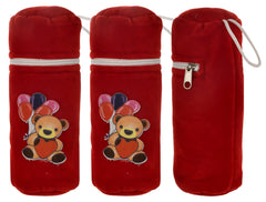 Kuber Industries Cartoon Printed Soft Velvet Stretchable Baby Feeding Bottle Cover With Easy to Hold Strap, Pack of 3 (Red)