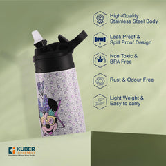 Kuber Industries 350 ml Insulated Kids Water Bottle | Mini Yay Kids Water Bottle | Stainless Steel Water Bottle | Water Bottle with Push-Button Flip Lid | Bottle For School | Purple | Pack of 3