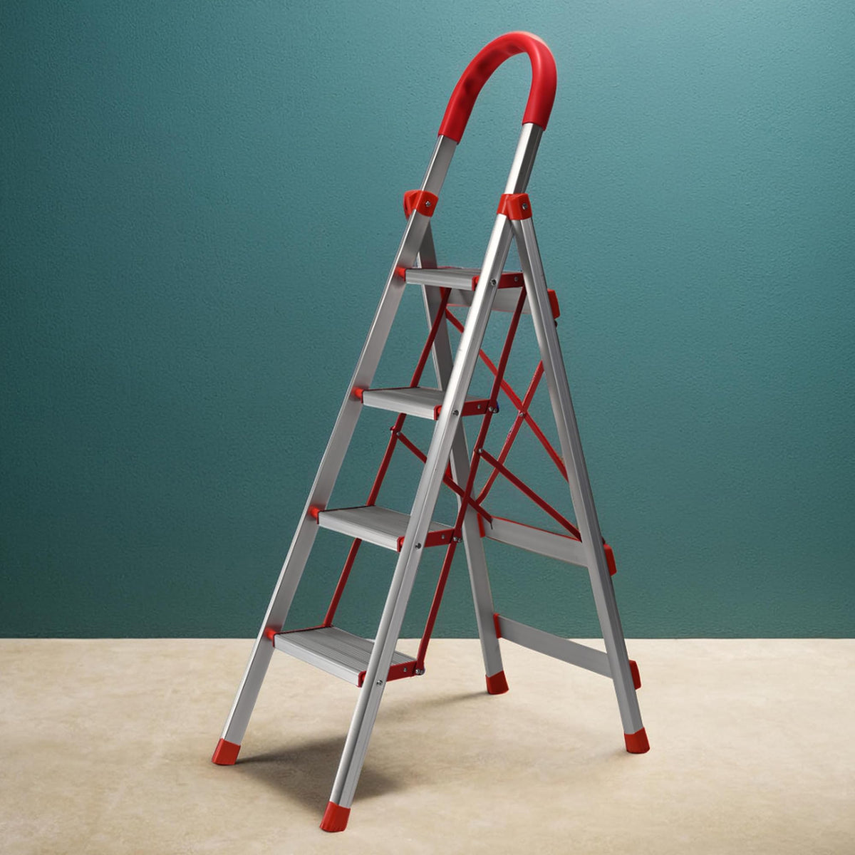 Kuber Industries 4 Step Heavy-Duty Foldable Aluminium Ladder with Wide Pedals and Hand Grip for Home and Office Use | Anti Slip Step Staircase for Home | Supports 150+ Kgs | Silver & Red