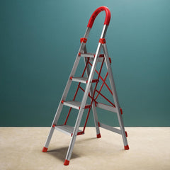 Kuber Industries 4 Step Heavy-Duty Foldable Aluminium Ladder with Wide Pedals and Hand Grip for Home and Office Use | Anti Slip Step Staircase for Home | Supports 150+ Kgs | Silver & Red