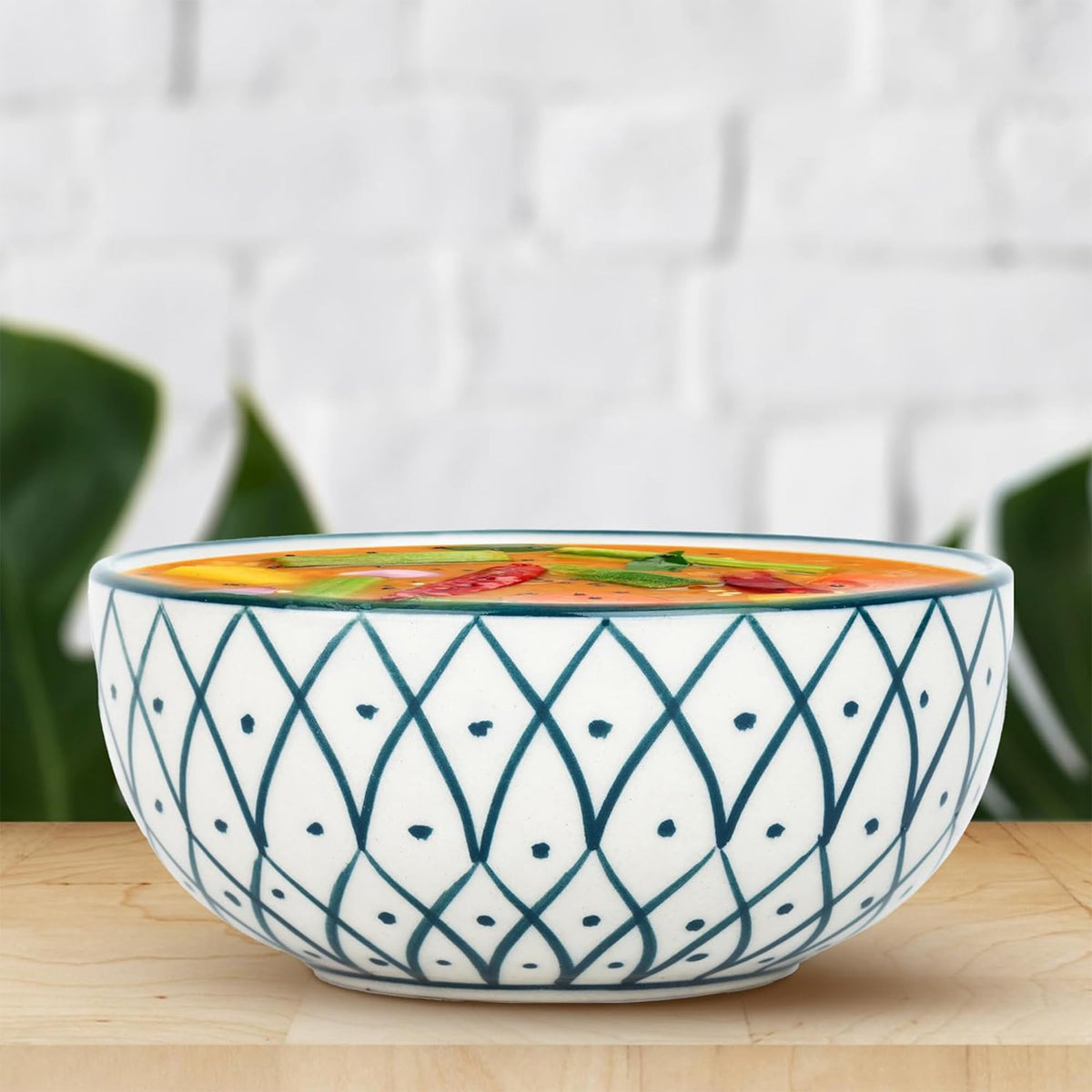 Kuber Industries Ceramic Food Bowl Set | Chini Mitti Bowl | Microwave, Dishwasher Safe Ceramic Bowl | Green Box Print - White