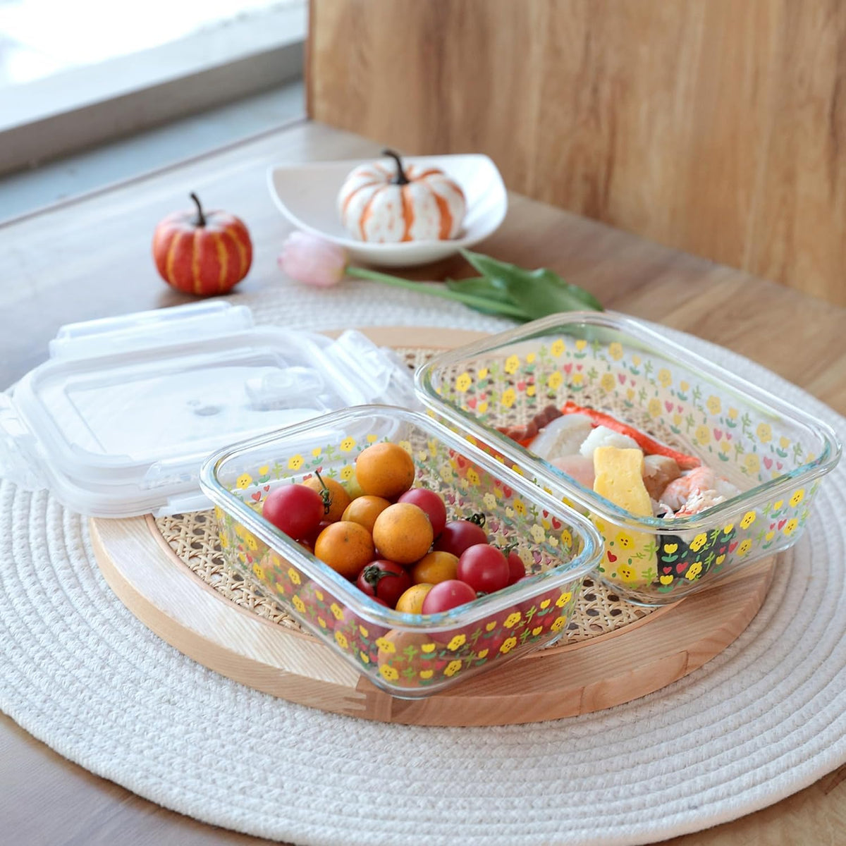 Homestic Borosilicate Glass containers Set with Lid | Microwave Safe | Airtight Storage Jar | Transparent | Airvent PP lid | 400ml & 630ml | Rectangular Printed | Pack of 2