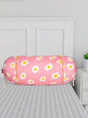 Heart Home Bolster Cover | Cotton Masand Pillow Cover | Diwan Round Bolster Pillow Covers | Bolster Cushion Pillow Cover Set | Roll Masand Cover | White Flower | Pack of 2 | Pink