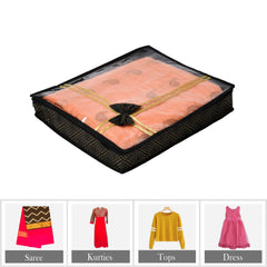 Heart Home Saree Storage Bag | Clothes Storage Bag | Wardrobe Storage Bag | Cloth Storage Organizer | Top Visible Window Saree Bag | Bow Golden Dot-Print | 3 Inch | Pack of 3 | Black