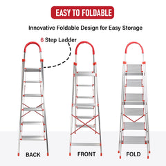 Kuber Industries 6 Step Heavy-Duty Foldable Aluminium Ladder with Wide Pedals and Hand Grip for Home and Office Use | Anti Slip Step Staircase for Home | Supports 150+ Kgs | Silver & Red