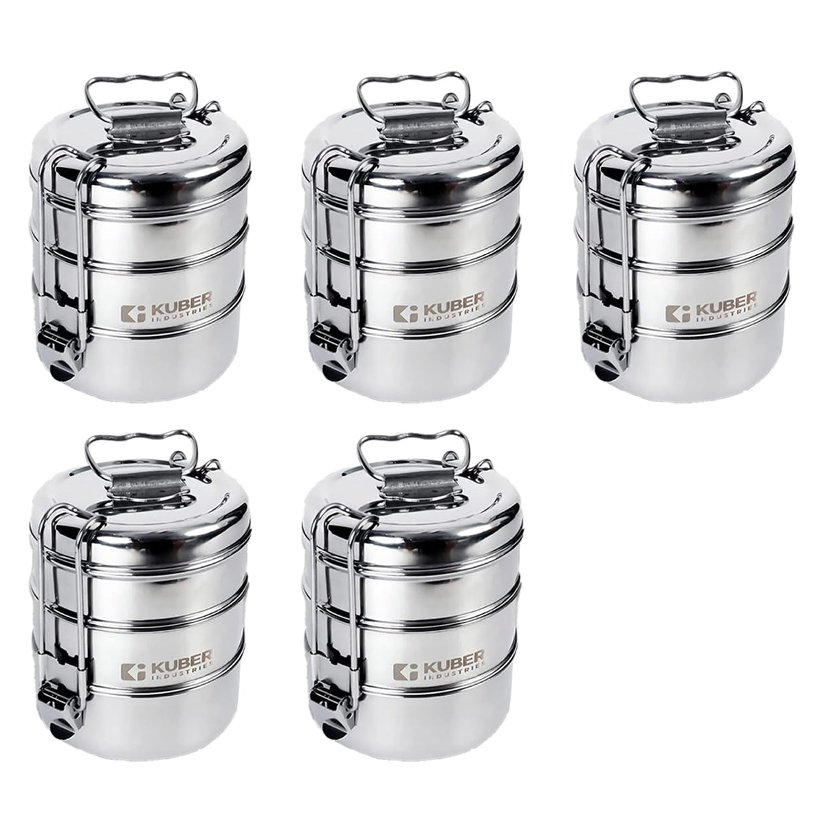 Kuber Industries Clipper Stainless Steel Tiffin Box | Lunch Box with Locking Clip I Silver | Set of 3 Box | Everyday use Home Office Steel Lunch Box (3 Container, 1000ml) (Pack of 5)