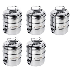 Kuber Industries Clipper Stainless Steel Tiffin Box | Lunch Box with Locking Clip I Silver | Set of 3 Box | Everyday use Home Office Steel Lunch Box (3 Container, 1000ml) (Pack of 5)