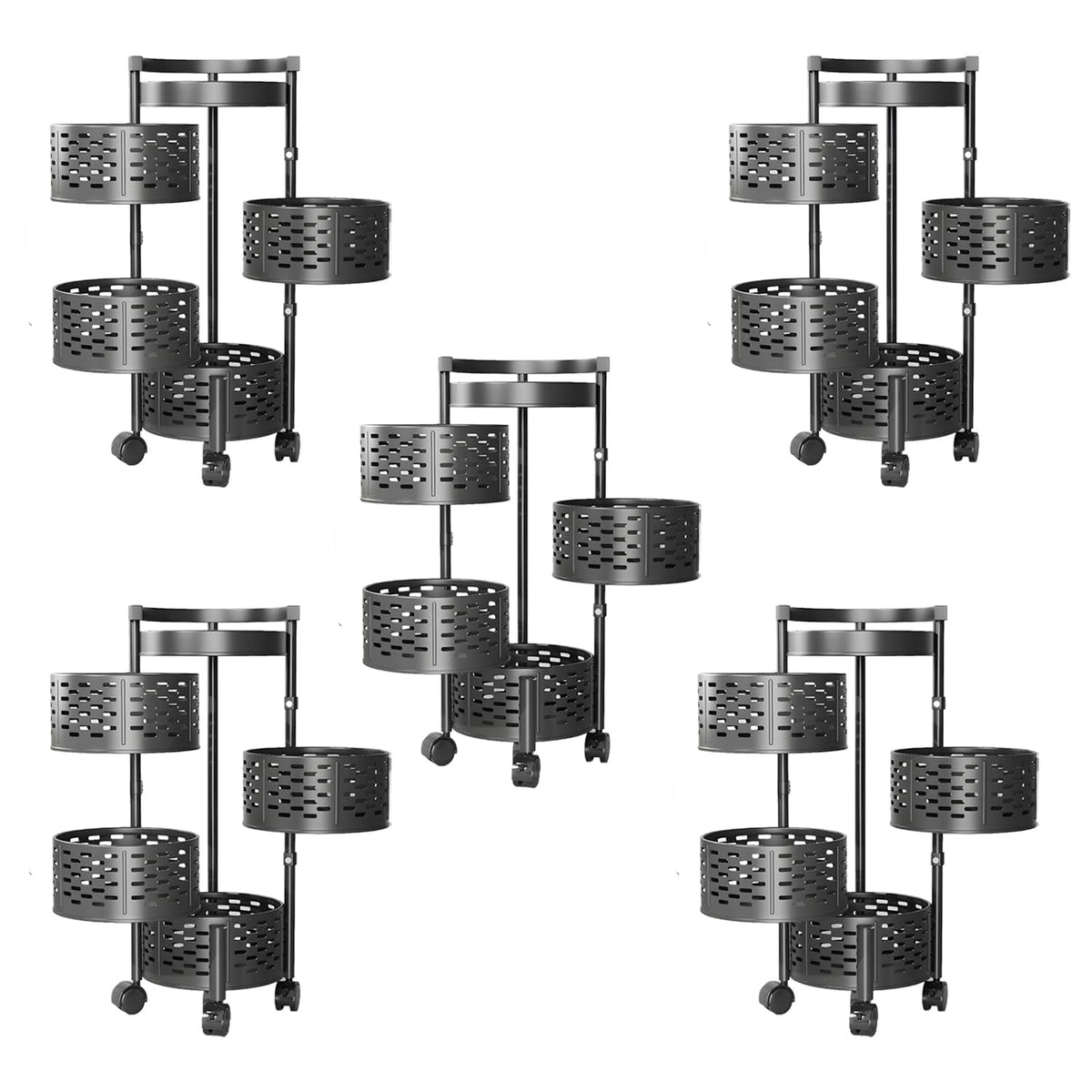 Kuber Industries 4-Layer Kitchen Trolley | 360° Rotating Storage Rack | Round Storage Rack with Wheels | Fruit and Vegetable Storage for Kitchen | Pack of 5 | (Black)